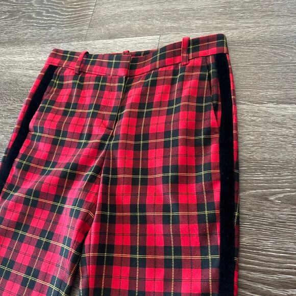 EUC Maje Red Pantya Velvet Piped Plaid Pants Tartan Cropped Check Slim Trouser - Picture 3 of 16